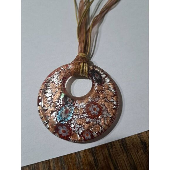 Handcrafted Funky Boho Retro Vintage Glass Flower Pendant Art Glass Necklace - Picture 2 of 6